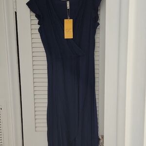 Blue Sheath Midi Dress with V-Neck and Flutter Sleeves